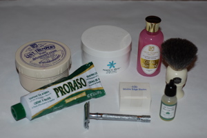 Shaving Gear: Merkur razor, Trumper cream, Nancy Boy cream,
      Proraso cream, Pacific Shaving Oil, Vulfix brush, Trumper Coral
      Skin Food